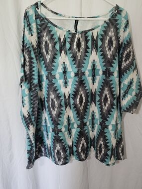 Aztec-Print Scoop Neck Knit Tunic in Turquoise and Gray